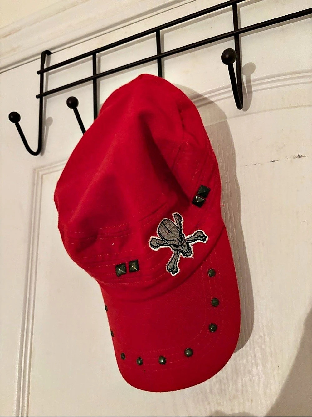 Red Baseball Cap with skull Embroidery and Stud Accents